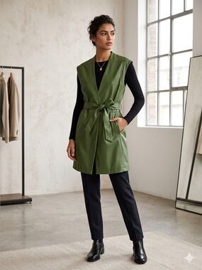 Mango Green Sleeveless Tie-Waist long vest